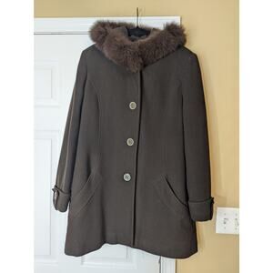 Sachi Collection Wool Cashmere Coat With Real Fox Fur Hood- Size Large